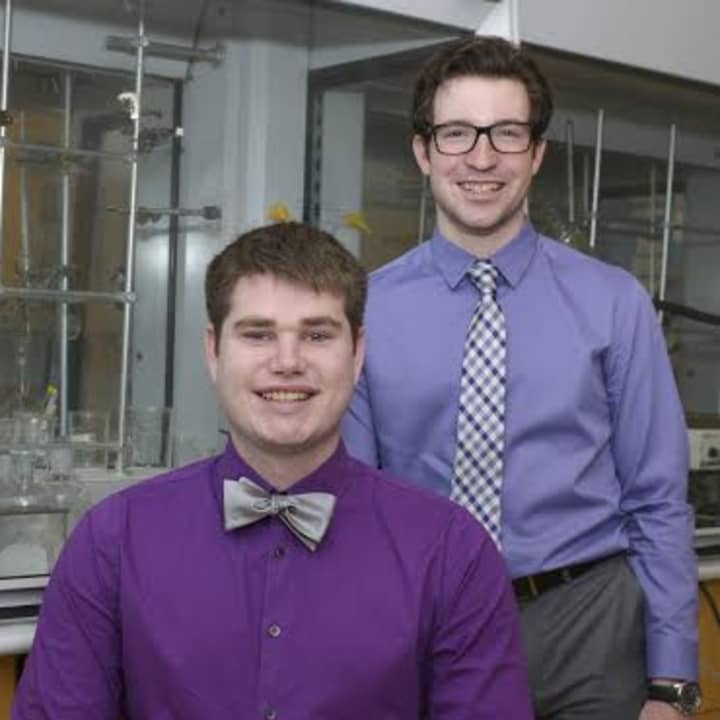 Patrick Finneran (left) and Thomas Pickel pose in a chemistry laboratory at the WCSU Science Building on the university&#x27;s Midtown campus in Danbury.