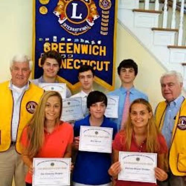 Greenwich teens are honored by Greenwich Lions Club. Bottom row, from left: Annie Wechsler Paul Peruzzi and Charlotte Wechsler. Top, from left: Paul Settlemeyer, Harry Wechsler, JC Peruzzi, Luka Yancopoulos, and Dave Noble. 