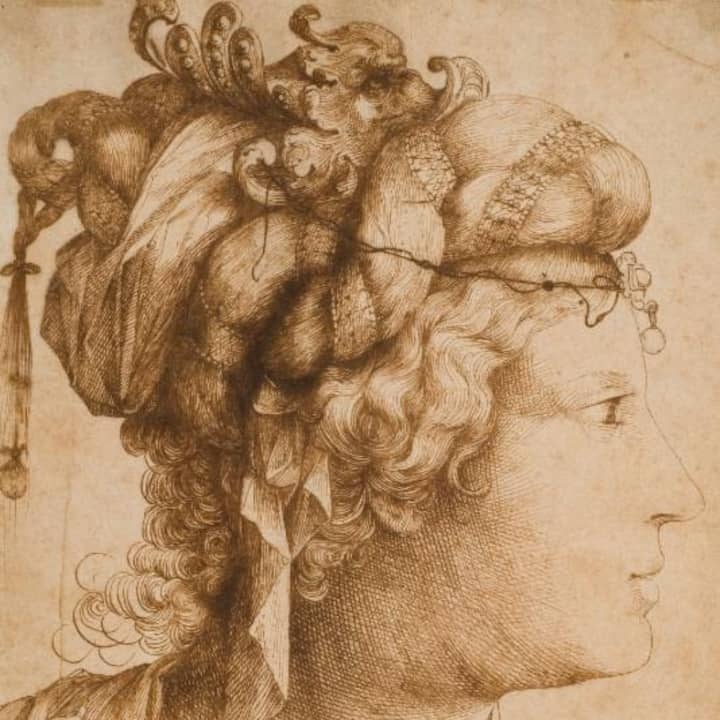 Jacopo Ligozzi (Italian, 1547-1627); Head of a Woman with Elaborate Headdress, 314 x 210 mm; Collection of Helen-Mae and Seymour Askin; Photograph by Paul Mutino