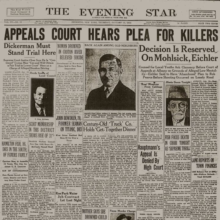 The front page of the Peekskill Evening Star featuring gthe two Hamilton Fishes. The congressman Fish is on the left while the serial killer Fish is on the right.