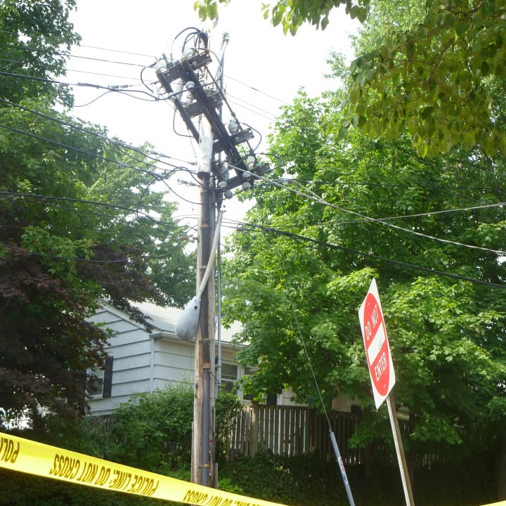 A utility pole is damaged on Stanley Avenue at the corner of Palmer Avenue. 