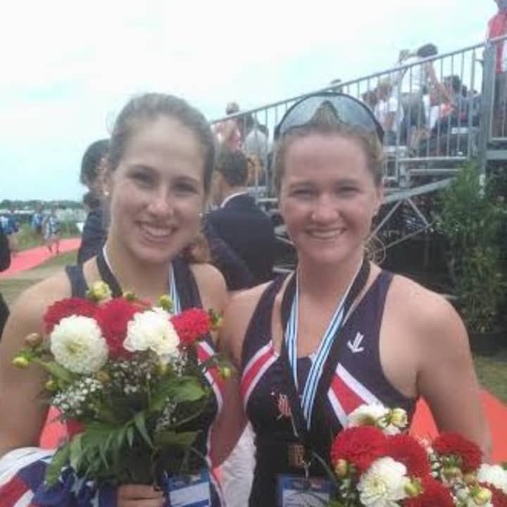 Ridgefield&#x27;s Meg Galloway, right, and Harrison&#x27;s Lily Lindsay won a bronze medal Sunday at the World Rowing Junior Championships in Germany. 