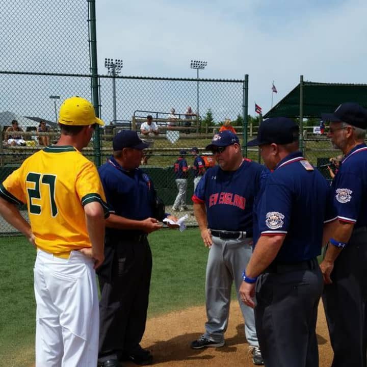 Danbury and Idaho exchange lineups prior to Monday&#x27;s game at the Cal Ripken World Series in Aberdeen, Md. 