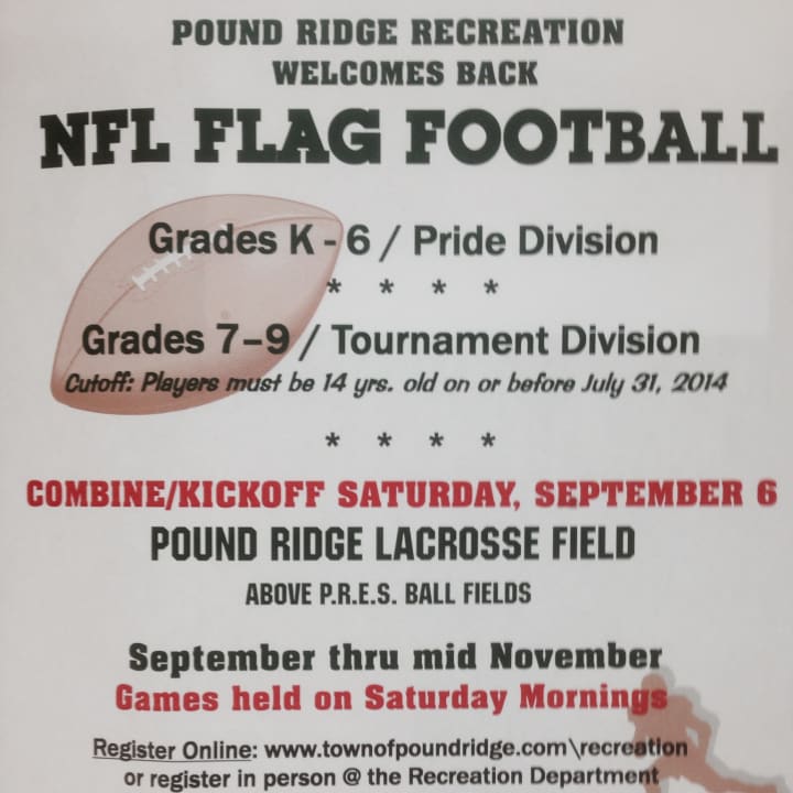 Pound Ridge Recreation is holding open registration for its NFL Flag Football.