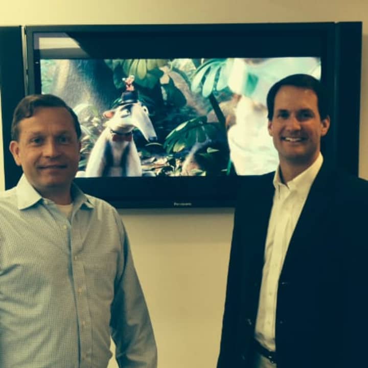 U.S. Rep. Jim Himes, (D-4th District.), right, meets with Brian Keane, chief operating officer and executive vice president of Blue Sky. Himes toured the Greenwich-based animation studio on Monday.