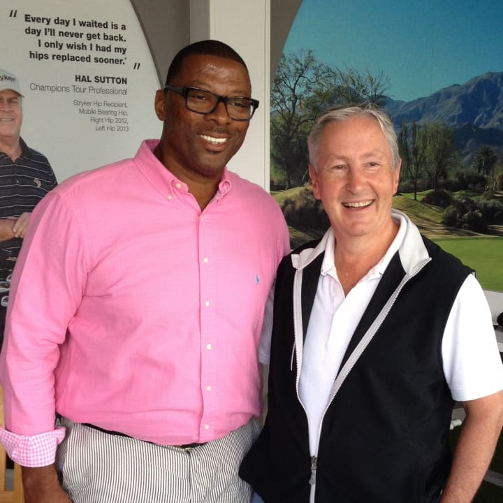 Giants legend Carl Banks, left, meets Harrison physician Steven Zelicof last week at a PGA Tour event in New Jersey.