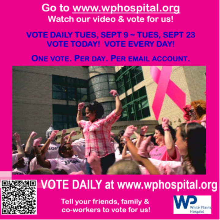 Vote for White Plains Hospital to get a $15,000 donation in their name for breast cancer awareness to Gilda&#x27;s Club. 