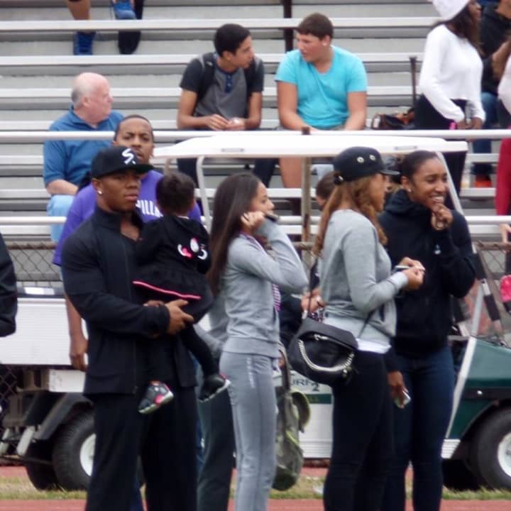 Ray Rice and his wife Janay (wearing black cap) with their baby daughter at Saturday&#x27;s game at New Rochelle High School in a photo posted on Twitter by WABC&#x27;s Marcus Solis.