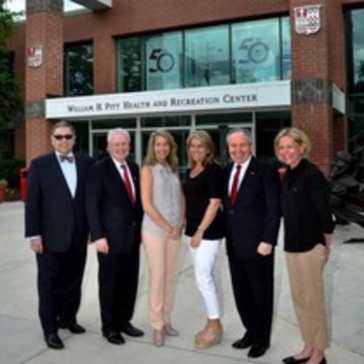 From left: Dr. John J. Petillo, president of Sacred Heart University, which is hosting the town celebration; First Selectman Mike Tetreau; 375 Grand Gala Co-Chairs Marlene Battista and Julia DeMeo; Armando Goncalves of People&#x27;s United Bank 