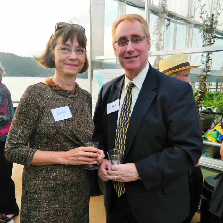 Susan Edwards, director, Advancement and Communication of Westchester Community Foundation talks with board member James Ausili at the anniversary celebration.