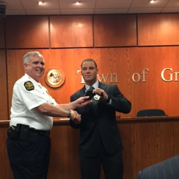 Shane Geary was sworn in as a Greenwich police officer earlier this month. 