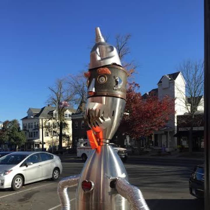 A &#x27;scarecrow&#x27; Tin Man is in front of Ridgefield Hardware Store.