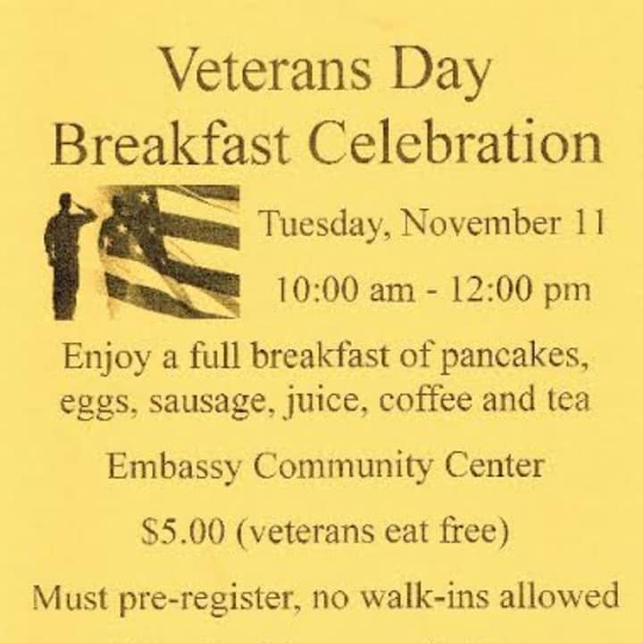 Dobbs Ferry veterans are invited to a free breakfast sponsored by the village. 