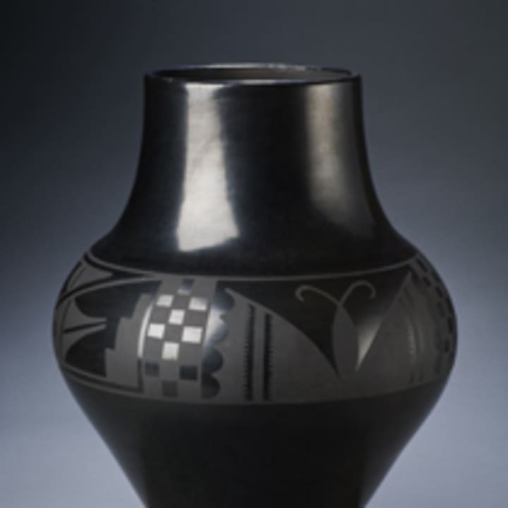 This Black-on-black storage jar by Maria and Santana Martinez is part of the collection at the Bruce Museum Collection in Greenwich. 