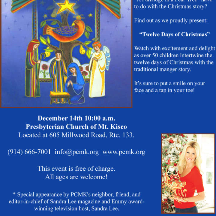 An event flier for &quot;Twelve Days of Christmas&quot; at the Presbyterian Church of Mount Kisco. Sandra Lee&#x27;s appearance is noted.