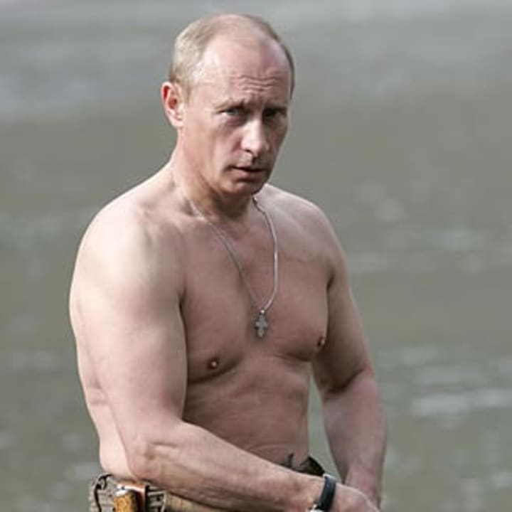 Photos of Vladimir Putin shirtless, fishing (above) and horseback riding, have also stirred public reaction.