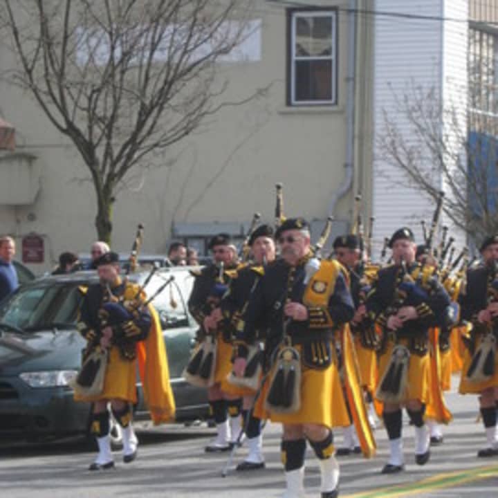 Bagpipers at a St. Patrick&#x27;s Day parade in downtown Mount Kisco.