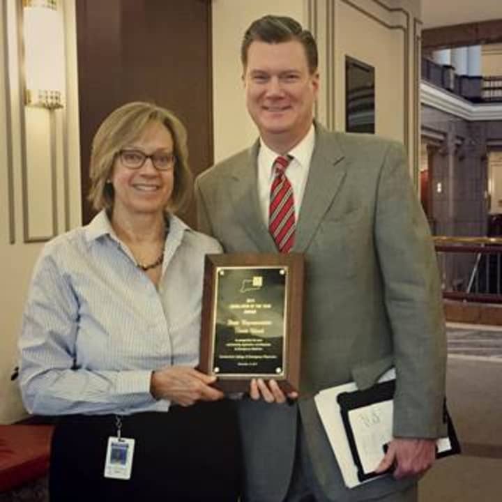 Darien-based state Representative Terrie Wood, left, recently received the Legislator of the Year award from Michael Dugan, right, of the Connecticut College of Emergency Physicians.
