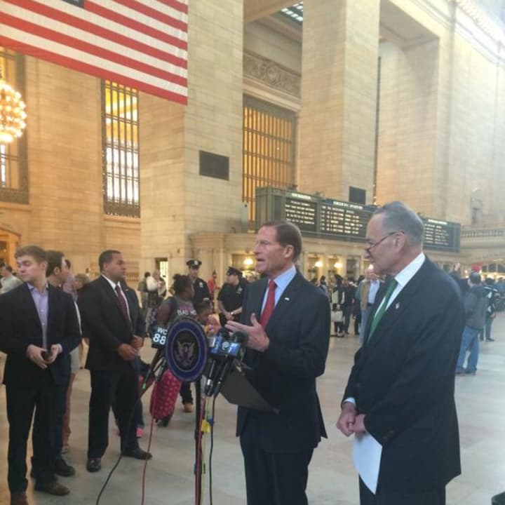 U.S. Sens. Richard Blumenthal, left, and Charles Schumer announce new railroad safety legislation Sunday at Grand Central Terminal. 