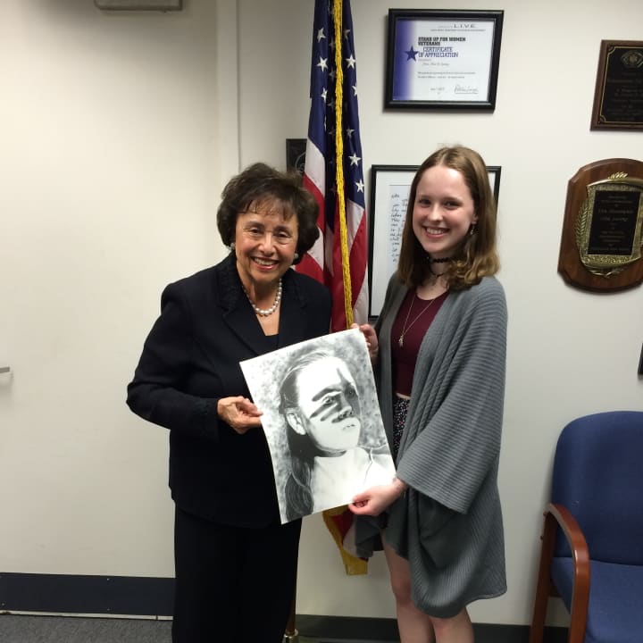 Emma Cheshire, right, a Croton-Harmon High School junior, recently won the 2015 Congressional Art Competition. U.S. Rep Nita Lowey (D-Westchester/Rockland), left, honored Cheshire locally and will also do so in Washington D.C.