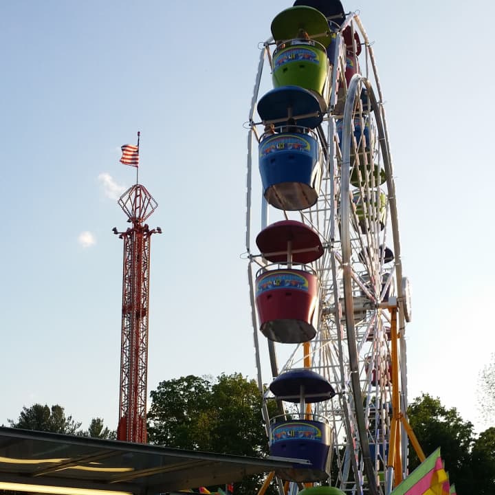 A Ferris wheel and tower at the St. Patrick&#x27;s School carnival in Bedford Village.