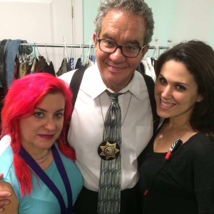 Bruce Apar is flanked by wardrobe stylist Tanya Seeman (left) and wardrobe assistant Sara Paterno, who outfitted him for his role as a detective on the show &quot;Mansions and Murders.&quot;