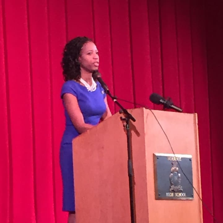 U.S. Rep. Mia Love (R-Utah) speaks at her alma mater Norwalk High School Friday.