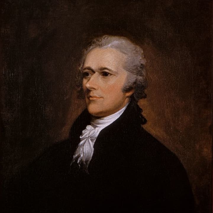 An oil on canvas portrait of Alexander Hamilton by John Trumbull.