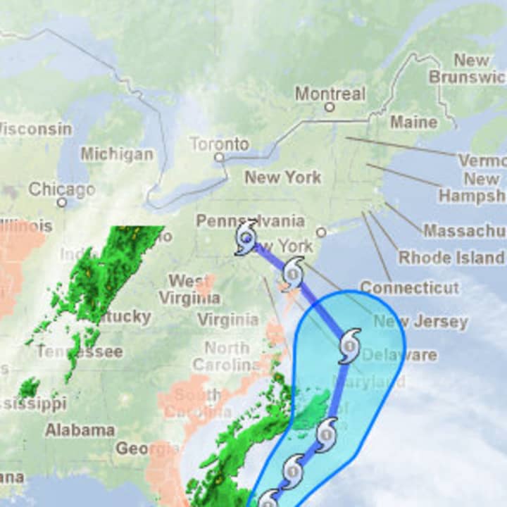 Google&#x27;s Crisis Map shows Hurricane Sandy moving up the East Coast.