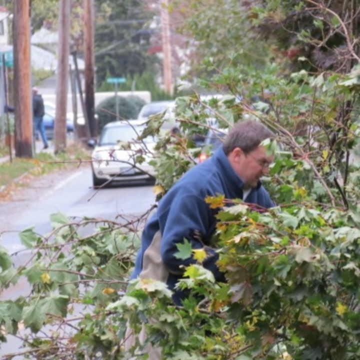 A Rye resident trying to clear his yard of debris from Hurricane Sandy.