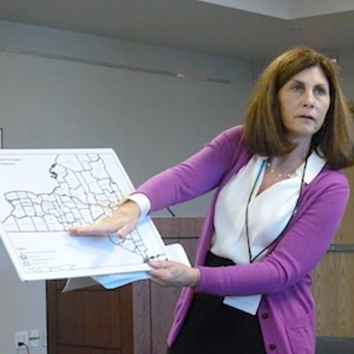 Susan Van Dolsen, co-founder of Westchester for Change, shows a map of the Marcellus Shale in New York to AAUW members in Greenburgh on Wednesday.