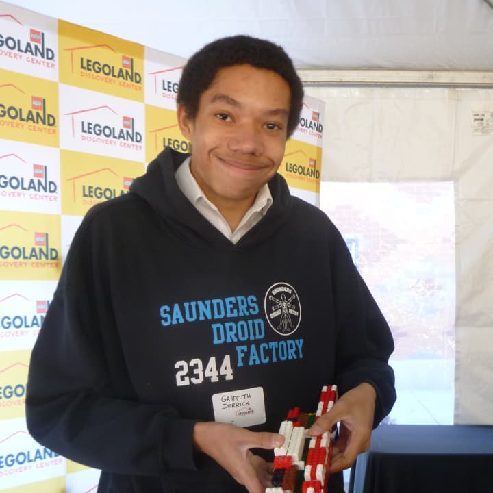 Yonkers resident Griffith Derrick built a train on railroad tracks during Saturday&#x27;s lego competition.