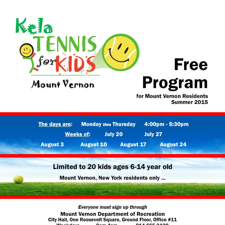 Kela Tennis and the Mount Vernon Tennis Program will offer free summer lessons for kids throughout the month of August.