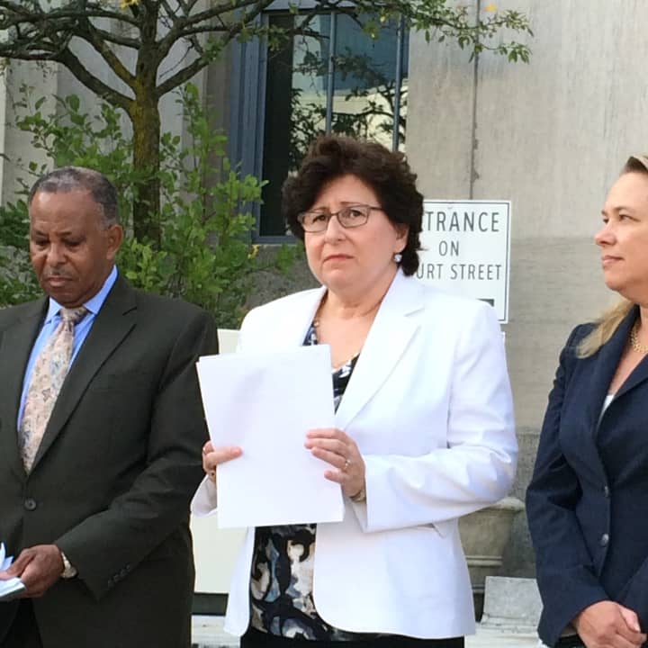 MaryJane Shimsky, center, and other Westchester County legislators, speak Monday in White Plains about the gas pipeline project.