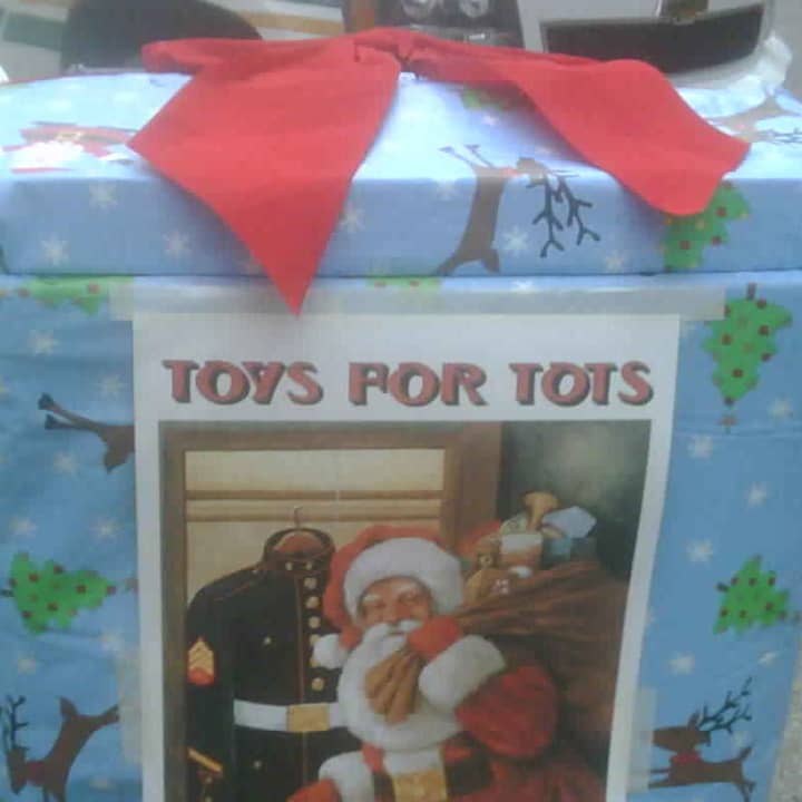 The Pound Ridge PBA&#x27;s Toys for Tots collection box outside Blind Charlie&#x27;s. Boxes can also be found at Scotts Corner Market and outside the police station.