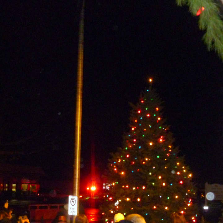 The crowd gathers at the Pound Ridge holiday tree lighting in front of the firehouse on Sunday evening.