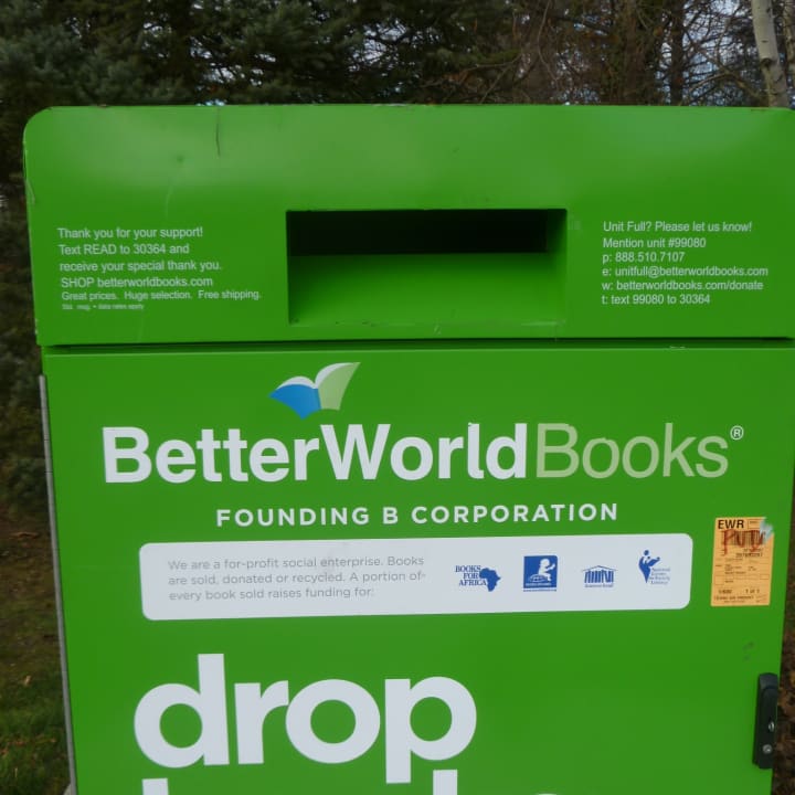 Books can be dropped off in this recycling container outside of the Harrison Public Library.