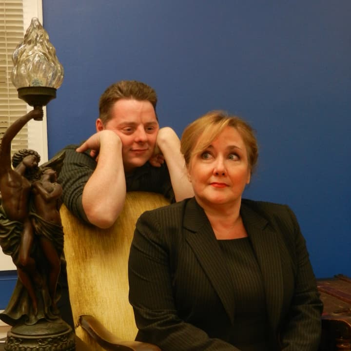 Rob Nichols and Cathy Cordaro rehearse a scene from Agatha Christie&#x27;s &quot;The Unexpected Guest,&quot; which will be performed Jan. 11 through Feb. 3 at Curtain Call in Stamford. 
