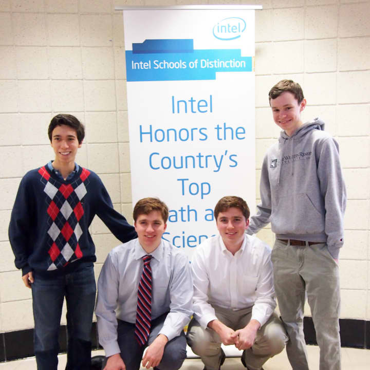 Ossining and Briarcliff Manor students Caleb Hersh (l.), Sam Rude, Eitan Rude and Daniel McQuaid  have been named semifinalists in Intel&#x27;s Science Talent Search. 