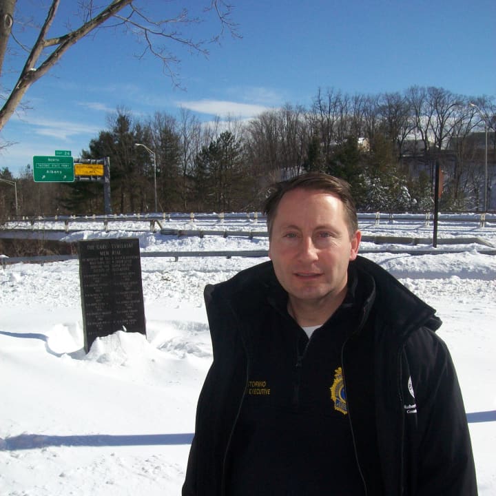 Westchester County Executive Robert Astorino at Westchester Police Headquarters in Valhalla on Saturday afternoon following the storm.