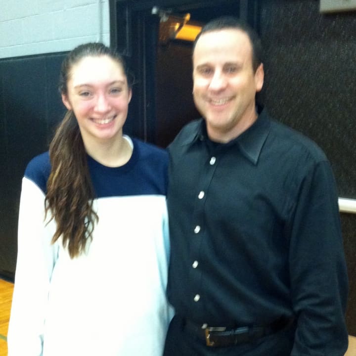 Pelham Memorial High School girls basketball player Vittoria Volpe, seen here with coach Timothy Pitrulle, is The Pelham Daily Voice Athlete of the Month for February.