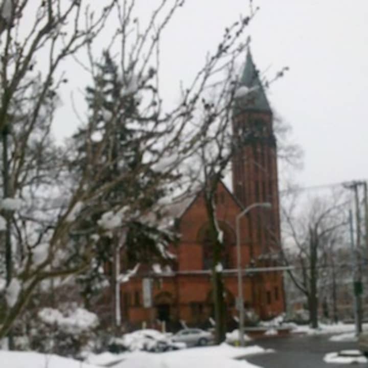 Our Lady of Mercy Catholic Church, as seen from the Port Chester Library, after Friday&#x27;s snowfall.