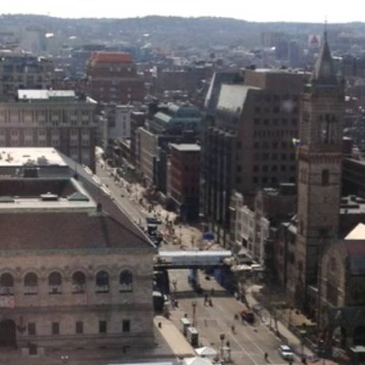 A view of the Boston Marathon finish line from an 17th floor office about a block away.