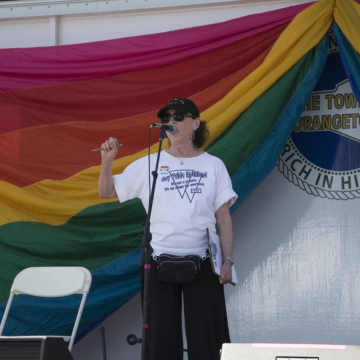 Phyllis B. Frank addresses the crowds in Nyack on June 12 during Pride Weekend.