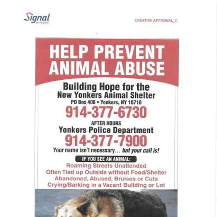 Help Prevent Animal Abuse posters are being installed at Yonkers bus stops and eventually elsewhere in Westchester County.