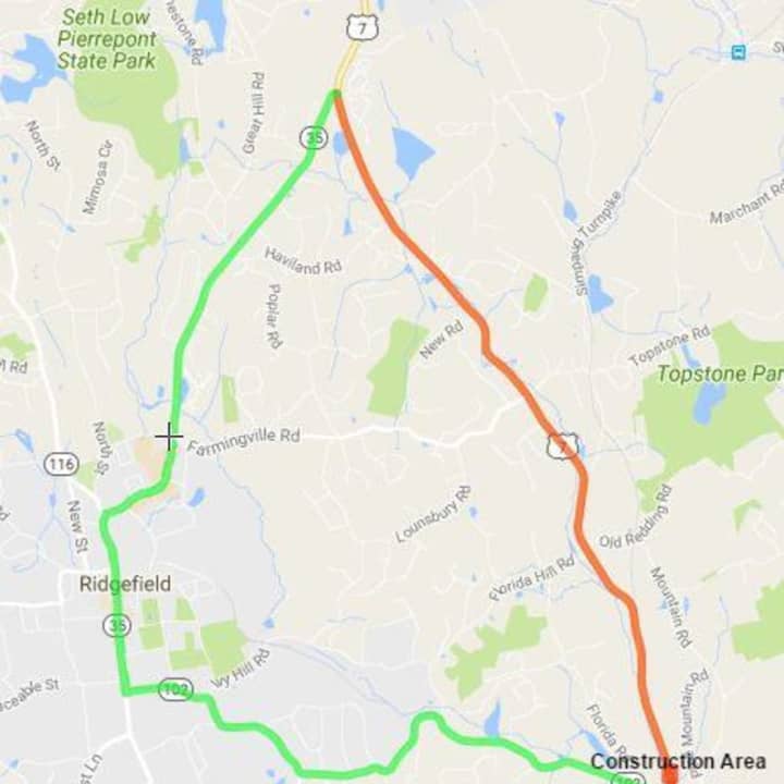 A section of Route 7 in Ridgefield will be closed to thru traffic this weekend. The detour route is shown in green and the road closure is depicted in orange.