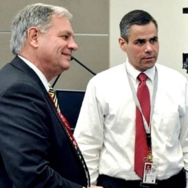 Bergen County Executive Jim Tedesco, left, with Frank DelVecchio, the operations center director.