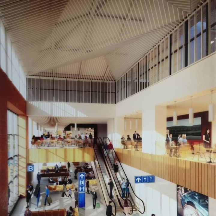 An artist&#x27;s rendering of proposed terminal interior improvement by Macquarie Infrastructure Corporation at the Westchester County Airport.