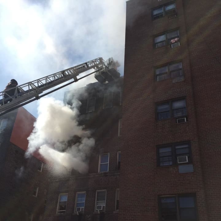 Yonkers firefighters battled the blaze at the Yonkers apartment complex that was partially destroyed by fire on Monday.
