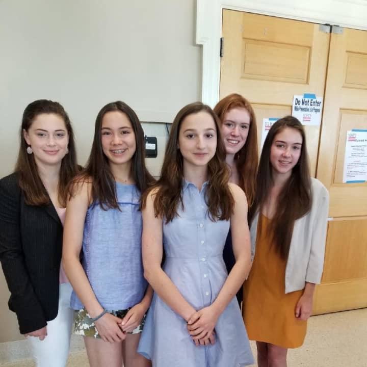 (from left) Bronxville High School sophomores – Sofia Riccarini, Sabrina Mellinghoff, Grace Sperber, Charlotte Dotson and Emily Perry – won first place in the group exhibit category at the national finals of the 2018 National History Day Contest.